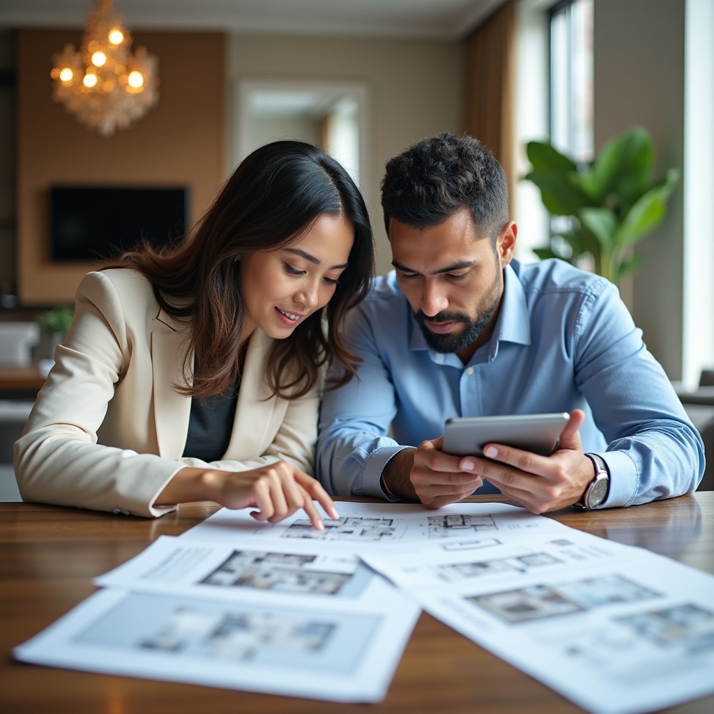 New apartment buyer reviewing documents and contracts
