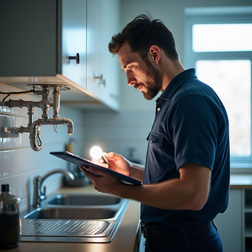 Inspector carefully examining plumbing fixtures and connections